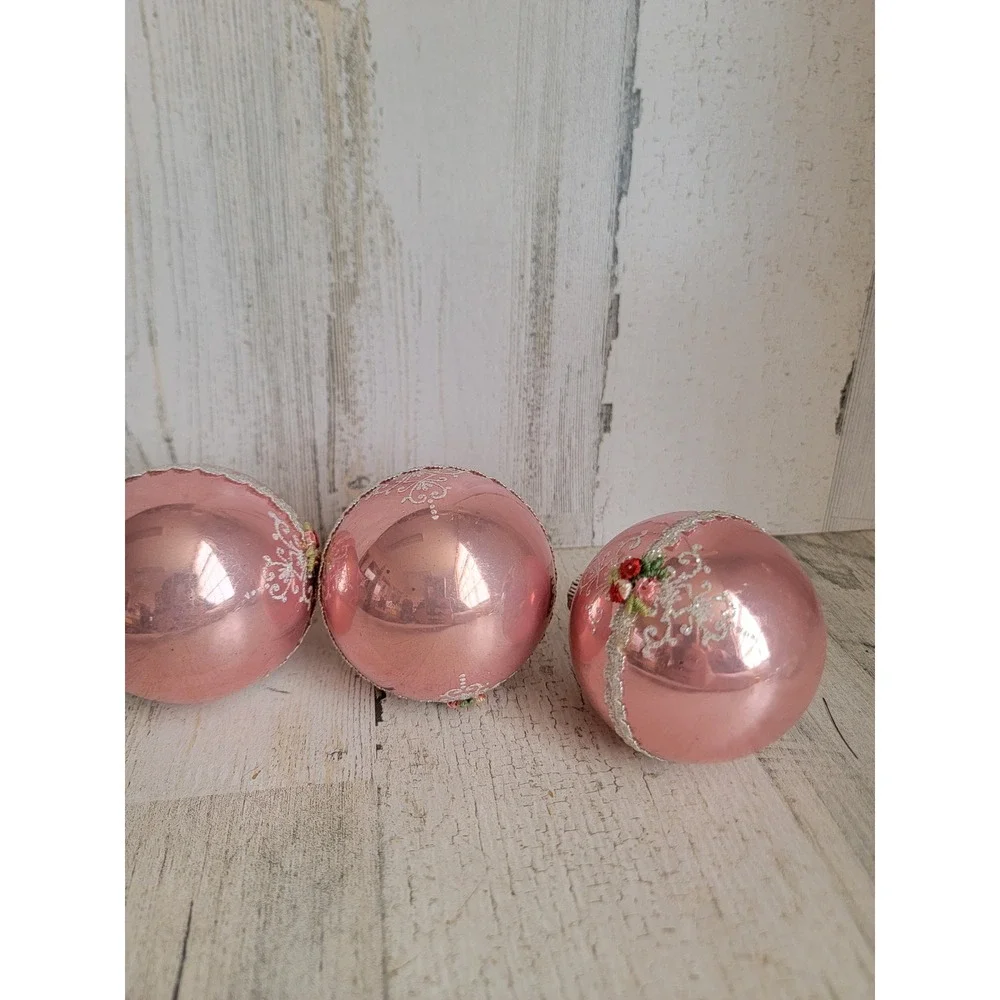 Vintage rose lace pink ball glass ornament Xmas set unique home